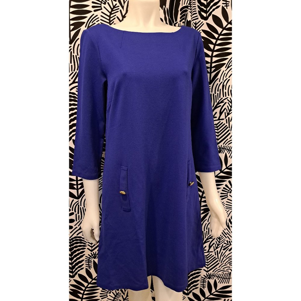 Eliza J Cobalt Blue Crepe Shift 3/4 Sleeve Faux Pocket Detail Dress EJ50026 14